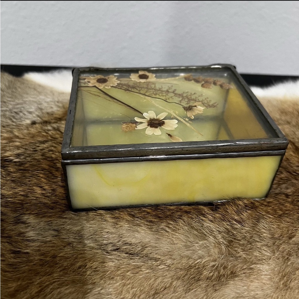 Slag / Stained Glass & Metal Pressed Flowers Trinket Box Mirror Base Decor